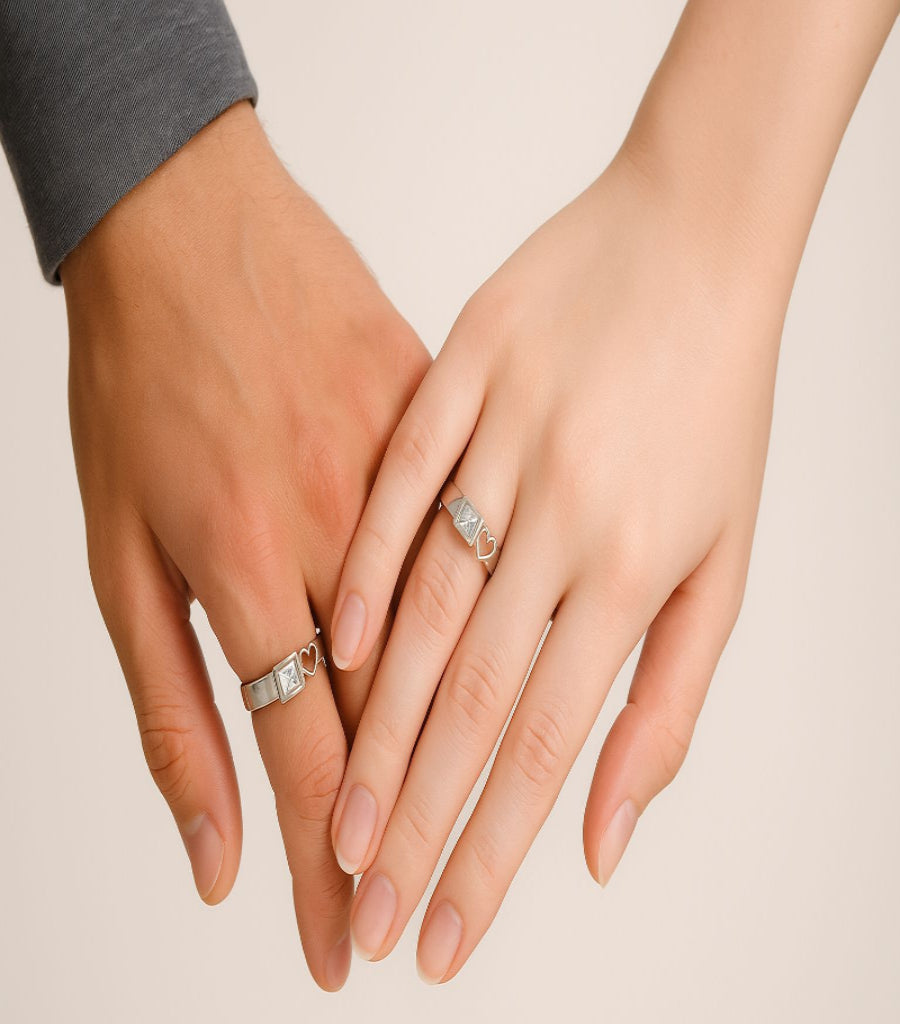 HeartLink Square-Cut Silver Couple Ring Set