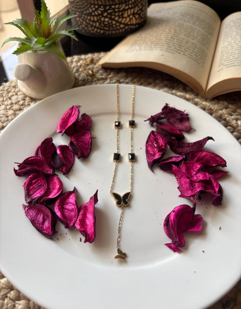 Golden Noir Butterfly Charm Necklace
